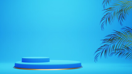 Obraz premium 3d render of blue and gold podium. Background with geometric composition, semicircular stand. Modern design.