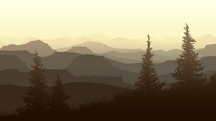 Horizontal illustration misty evening with spruce trees in meadow and mountain valley.