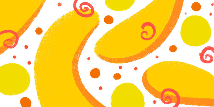 Artistic Abstract Light Cheerful Bright Saturated Hand-drawn Background With Yellow Abstract Shape Shapes, Dots And Curls. Summer Fruit Background