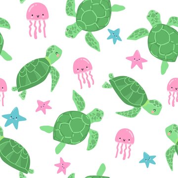 Sea turtle seamless pattern vector print design for textiles, paper, postcards, children's fashion fabric