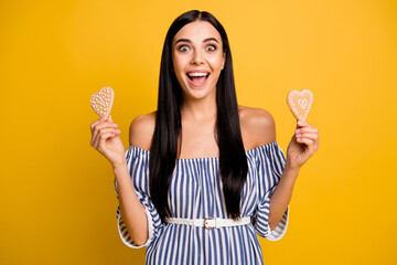 Photo of impressed adorable young lady wear striped dress holding heart gingerbreads isolated yellow color background