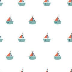 Obraz na płótnie Canvas Seamless pattern with ships. Sea transport. Cute cartoon marine pattern for textile, fabric. Childish print. Vector