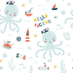 Marine animals seamless pattern. Childish print. Undersea world inhabitants. Оctopus, whale, fish, crab, sea transport. Vector