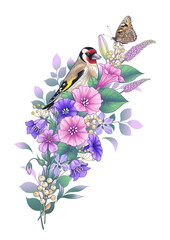 Goldfinch, Butterfly  and Wildflowers Bouquet.