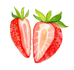 Strawberry, slices. Cut strawberries into pieces isolated on white background, watercolor illustration