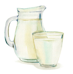 Jug of milk and glass of milk  isolated on white background, watercolor illustration - 423987830