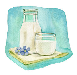 Bottle of milk and glass of milk with flower isolated on blue background, watercolor illustration - 423988048