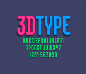 3D Font from multicolored, trendy bright alphabet, modern condensed letters, vector illustration 10eps