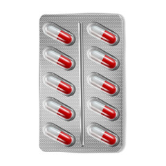 Pills blister pack 3d realistic vector illustration. White red capsule antibiotic tablets mock up  isolated on white background