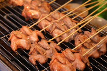 grilled pigeon on metal barbecue grill. Chinese food 
