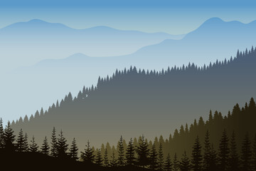 Forest silhouette. Mountain landscape. Mountains and forest header. Wild nature landscape. Vector illustration