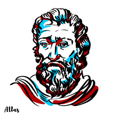Atlas engraved vector portrait with ink contours on white background. In Greek mythology, Atlas was a Titan condemned to hold up the celestial heavens or sky for eternity after the Titanomachy.