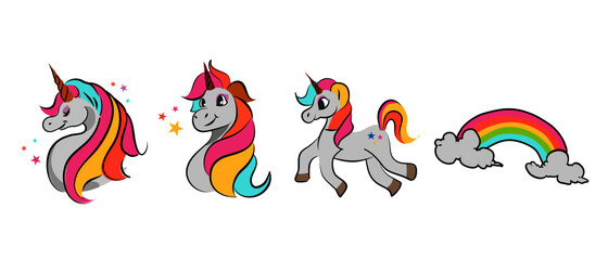 set of Cute White Beautiful Unicorn with Stars and Rainbow illustration Vector Isolated 