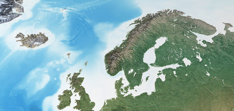 Physical map of Scandinavia, Northern Europe. Flattened satellite view of Planet Earth, its geography and topography. 3D illustration - Elements of this image furnished by NASA