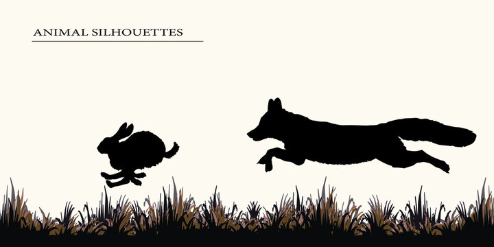 silhouettes of animals isolated on a light background, a fox hunts a hare.