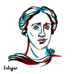 Calypso engraved vector portrait with ink contours on white background. The nymph in Greek mythology, who lived on the island of Ogygia, where  she detained Odysseus for seven years. - obrazy, fototapety, plakaty
