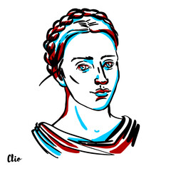 Clio engraved vector portrait with ink contours on white background. In Greek mythology, Clio is the muse of history, or in a few mythological accounts, the muse of lyre playing.