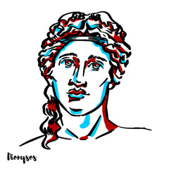 Dionysos engraved vector portrait with ink contours on white background. Dionysus is the god of the grape-harvest, winemaking and wine, of fertility, orchards and fruit, vegetation, insanity, ritual.