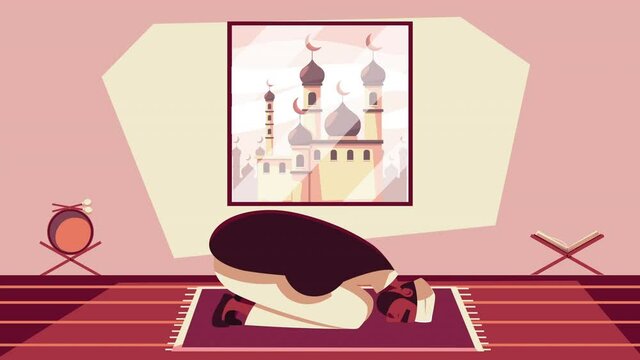 ramadan kareem animation with muslim man praying and taj mahal