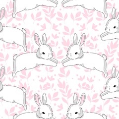 Bunny jumping on the lawn grass plants Hand drawn print spring summer childish sketch vector cute rabbits illustration
