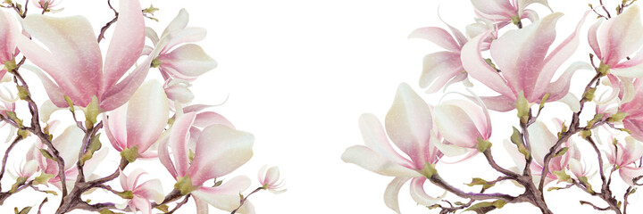 Magnolia flower, vector pink blossom. Sakura floral design. 3d minimal illustration, rose bloom. © Gluiki