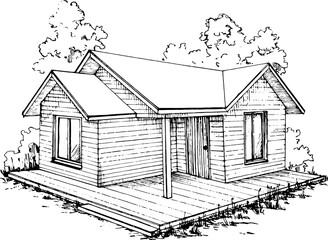 cabin in the woods monochromatic sketchy image on white background. perspective illustration of a wooden hut with a terrace in front and trees 