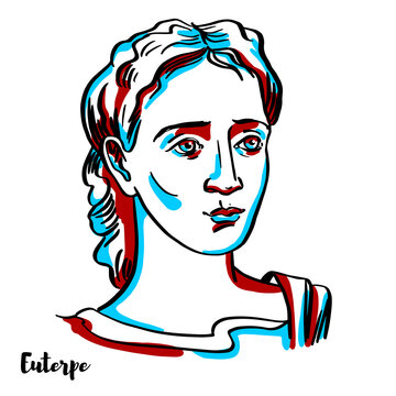 Euterpe engraved vector portrait with ink contours on white background. She was one of the Muses in Greek mythology, presiding over music.