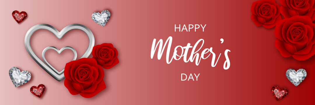 happy mother's day banner with hearts and roses