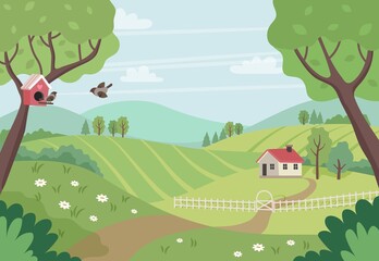 Paysage de campagne de printemps avec maison, arbres et oiseaux. Illustration vectorielle mignon dans un style plat