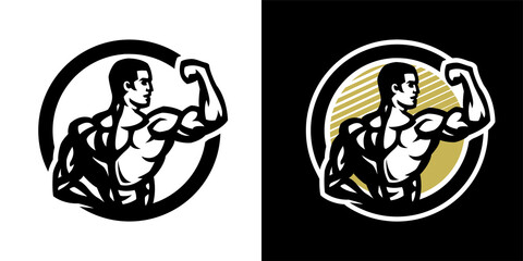 Posing athlete. Bodybuilding and fitness logo, on a light and dark background. Vector illustration.