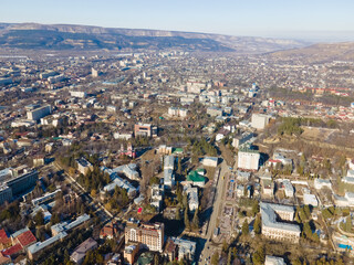 Aerial view of Kislovodsk with narzan gallery in sunny day, heath and ecological resotrt in Russia near Caucasus mountains