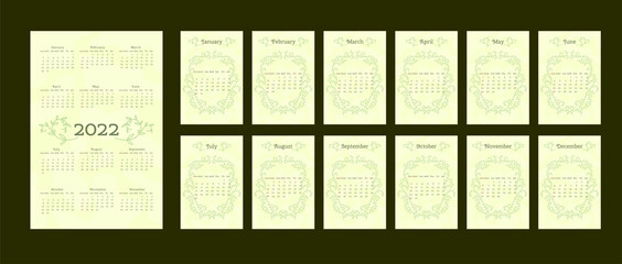2022 calendar in delicate natural trendy style decorated with botanical hand drawn branch leaves. set of 12 separated months. vertical format. light pastel green color. week starts on Sunday.