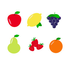 set of color illustrations in flat style fruits: apple, lemon, grapes, pear, strawberry, orange