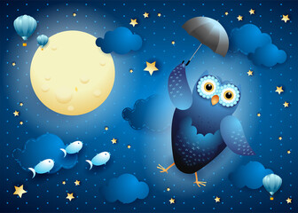 Obraz na płótnie Canvas Cute flying owl with umbrella on starry sky, vector illustration eps10