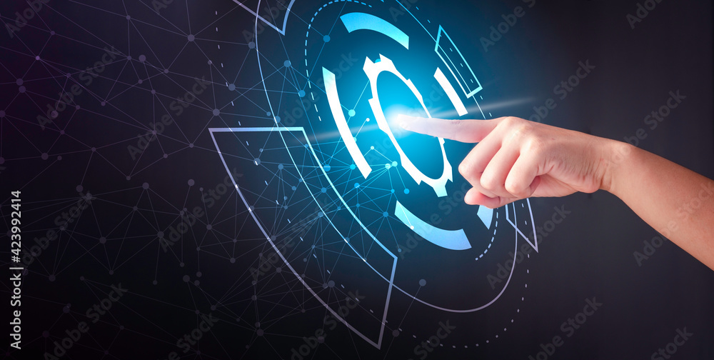Wall mural hand touching modern interface digital transformation concept. connection next generation technology