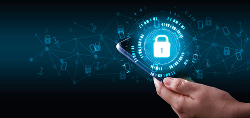 Blockchain technology concept, Key icon in technology circle and businessman hand holding smartphone binary code with connect digital technology line blue background.