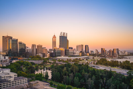 skyline of perth cbd at dusk in western australia, australia