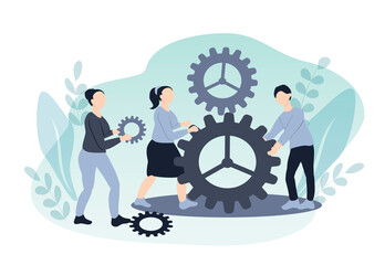 vector flat illustration on the theme of teamwork. a man and a girl are pulling a gear, another girl is helping them. teamwork, friendly staff, close-knit work. illustration for web, magazines, apps