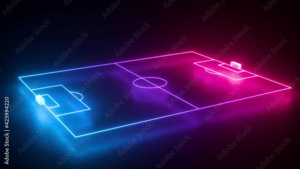 Poster neon soccer field rotates, spinning virtual 3d playground scheme perspective view looping animation,