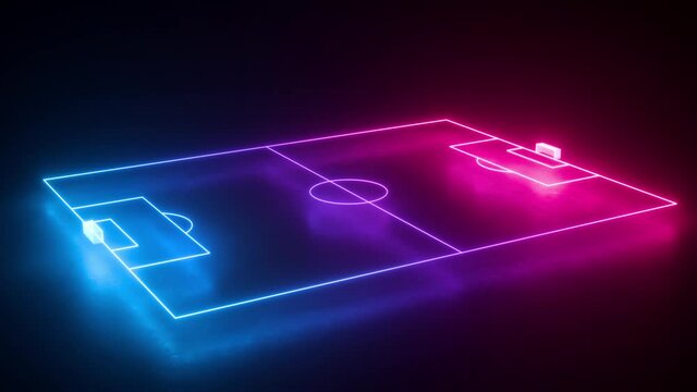neon soccer field rotates, spinning virtual 3d playground scheme perspective view looping animation, continuous animation sequence