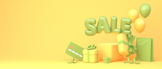 Great discount banner design with green SALE balloon phrase on yellow background with gift boxes, shopping bag and some shopping related elements. 3d rendering