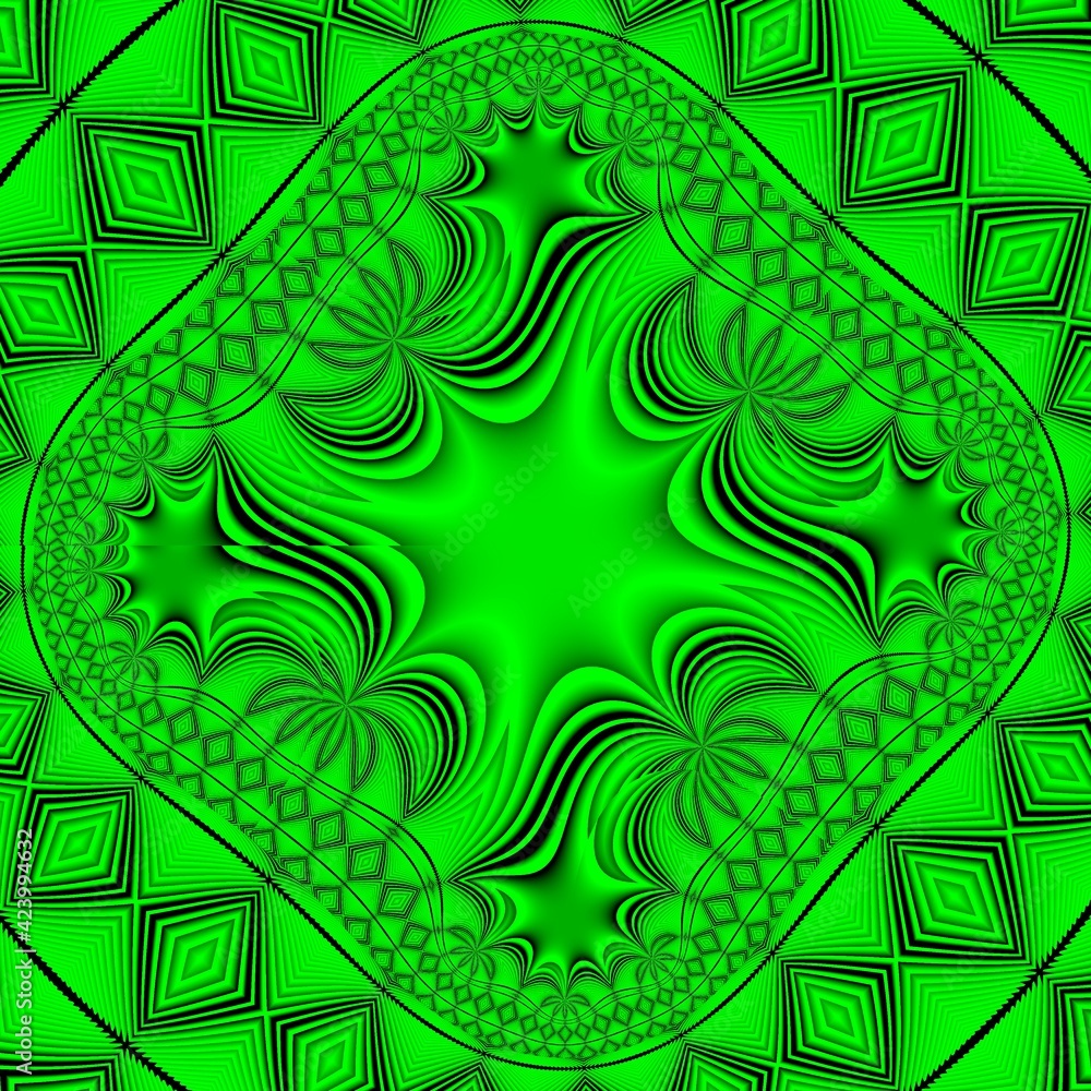 Poster fractal design of many diagonal isometric rectangular shapes in very bright neon green colour on a b