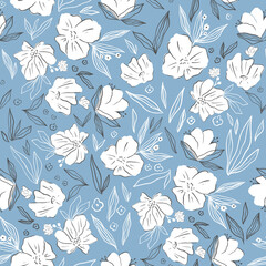 Seamless pattern. White flowers on a blue background for design.