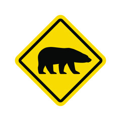 Warning graphic sign caution bears. Yellow square with black silhouette polar bear isolated symbol on white background. Vector illustration