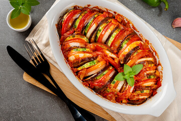 Ratatouille. Traditional French stew of summer vegetables. Ratatouille casserole. Top View.