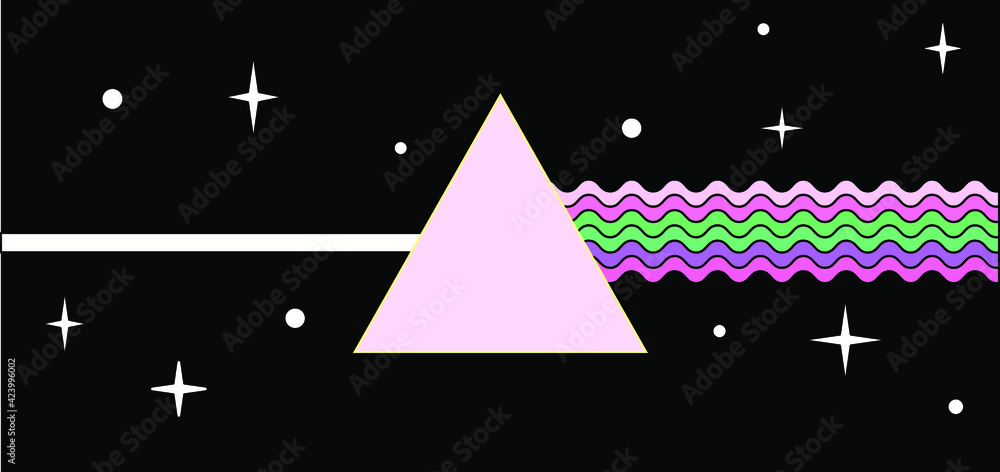 Poster flat cartoon-style illustration with a triangular optical prism dispersing light. psychedelic 70's m