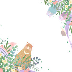 北欧風オシャレな空の風景と鳥たちの白バックの動物フレームイラスト Wall Mural Melchi