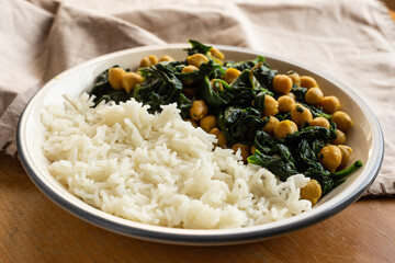Chickpea and spinach curry with basmati white rice