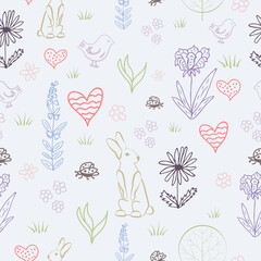 Fototapeta na wymiar Seamless vector pattern with cute forest hare, bird and flowers.