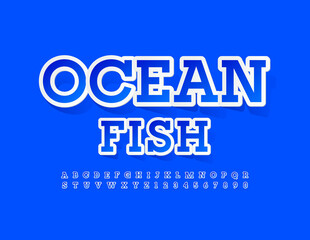 Vector modern template Ocean Fish. Blue sticker Font. Creative Alphabet Letters and Numbers set